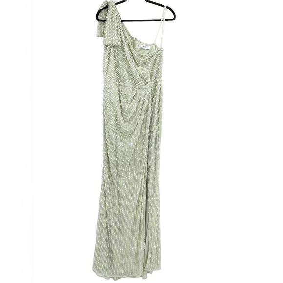 NWT $598 Mac Duggal Pearl Embellished Soft Tie One Shoulder Gown Mint Green Teal - Picture 4 of 14